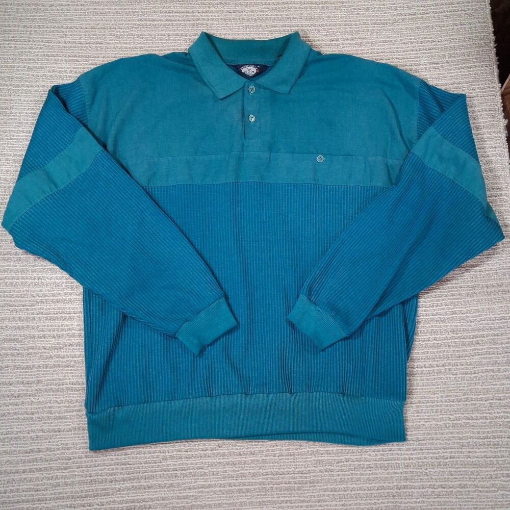Vintage Knightsbridge Men XL Teal Ribbed Long Sleeve Polo Shirt Sweater 80s 90s
